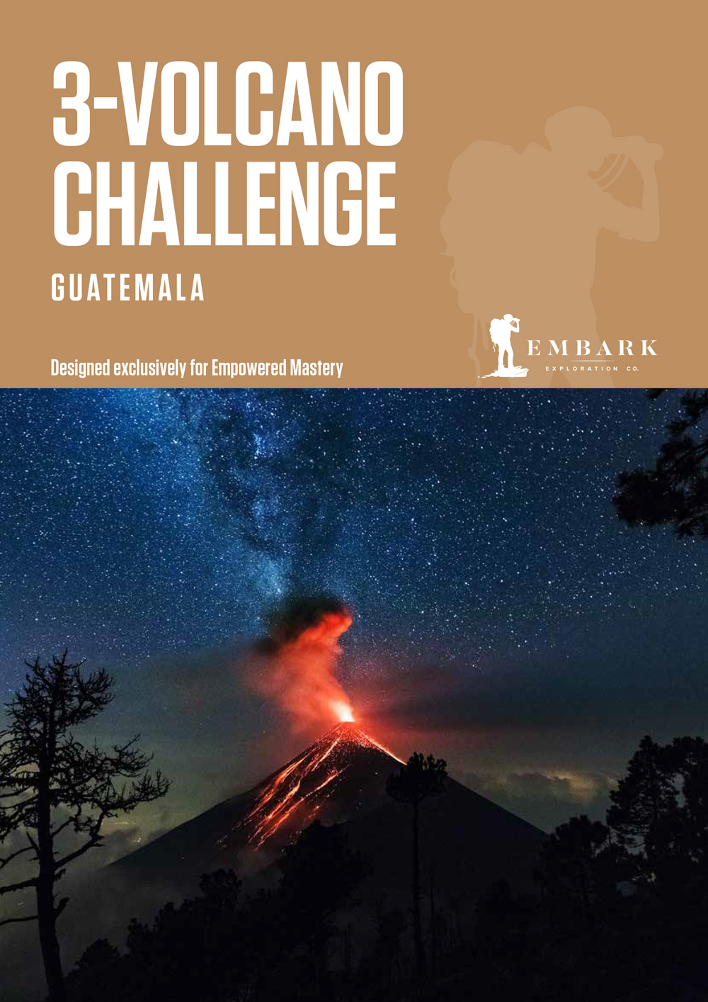 Guatemala's 3-Volcano Challenge: Volcano erupting at night under a starry sky. Embark Exploration Co. logo.