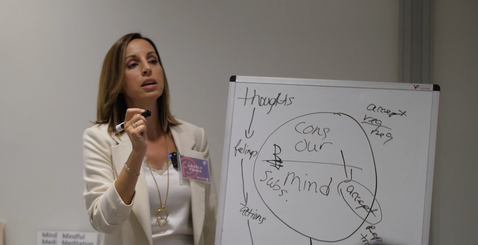 Woman presenting a mind-body diagram on a whiteboard with thoughts, feelings, and actions.