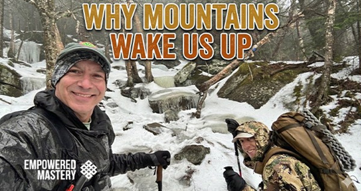 Hikers in snowy mountains. "Why Mountains Wake Us Up" text overlay.
