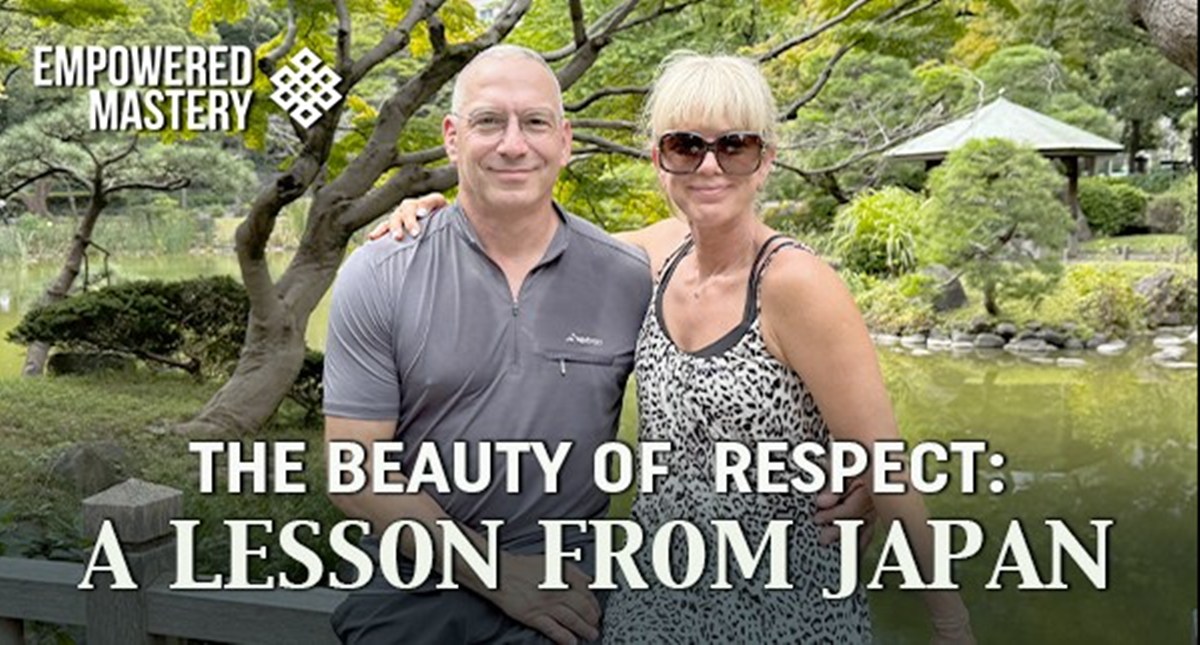 Chris and Kathy in Japan, learning "The Beauty of Respect," with traditional garden background.